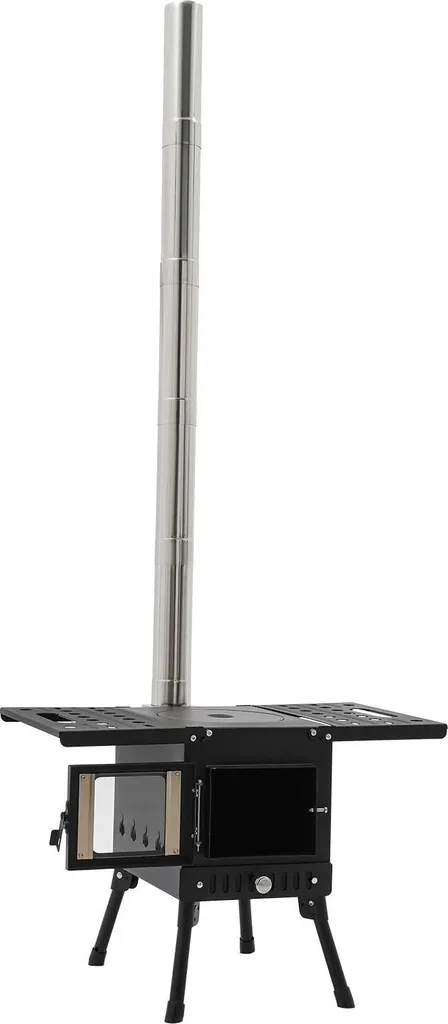 Petit poêle à charbon pliable en inox et acier noir avec conduit fumée