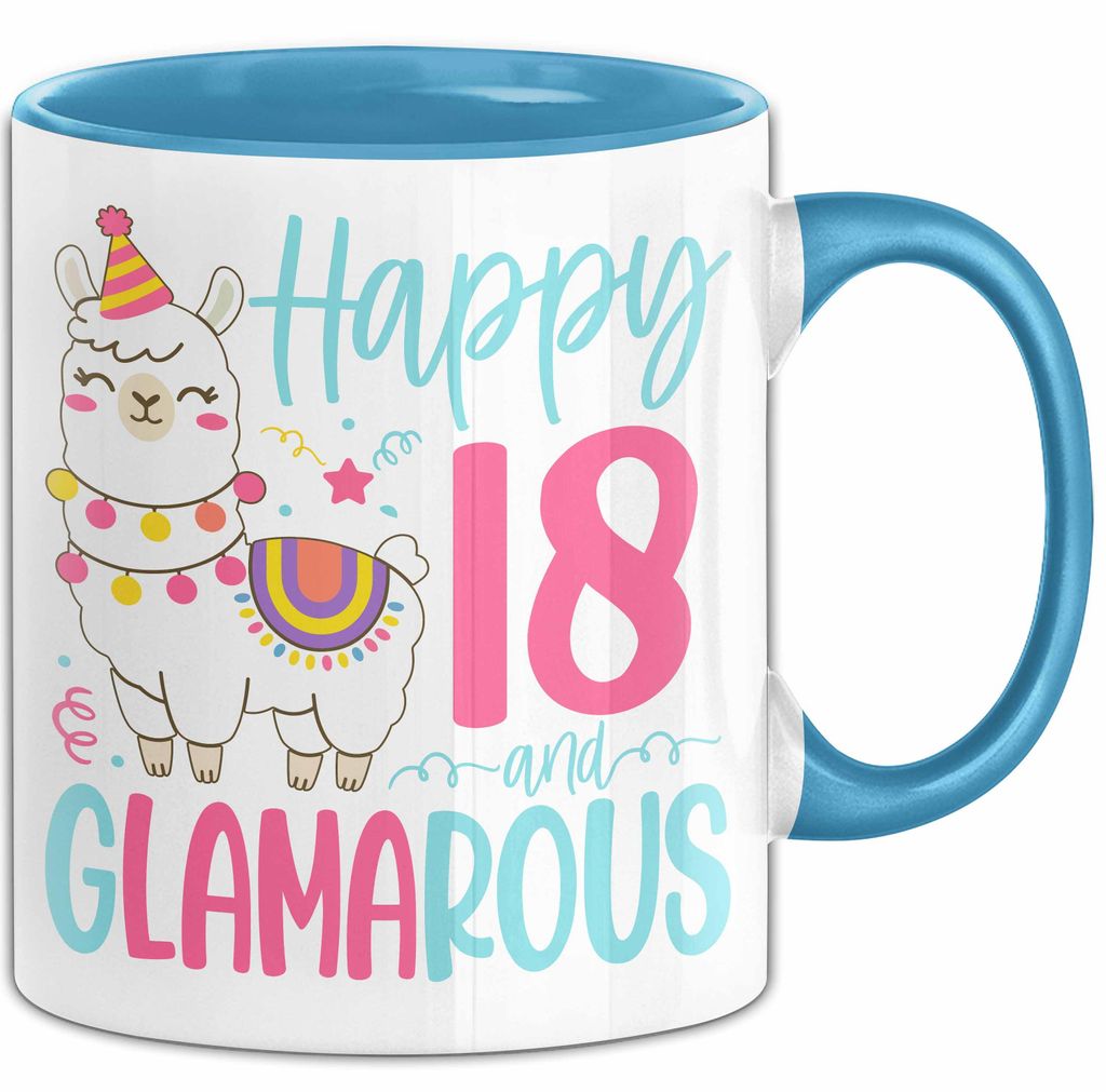 18er Geburtstag Tasse Geschenk Happy 18 And Glamarous Llama Alpaka Liebhaber Geschenkidee zum Geburtstag (Blau)