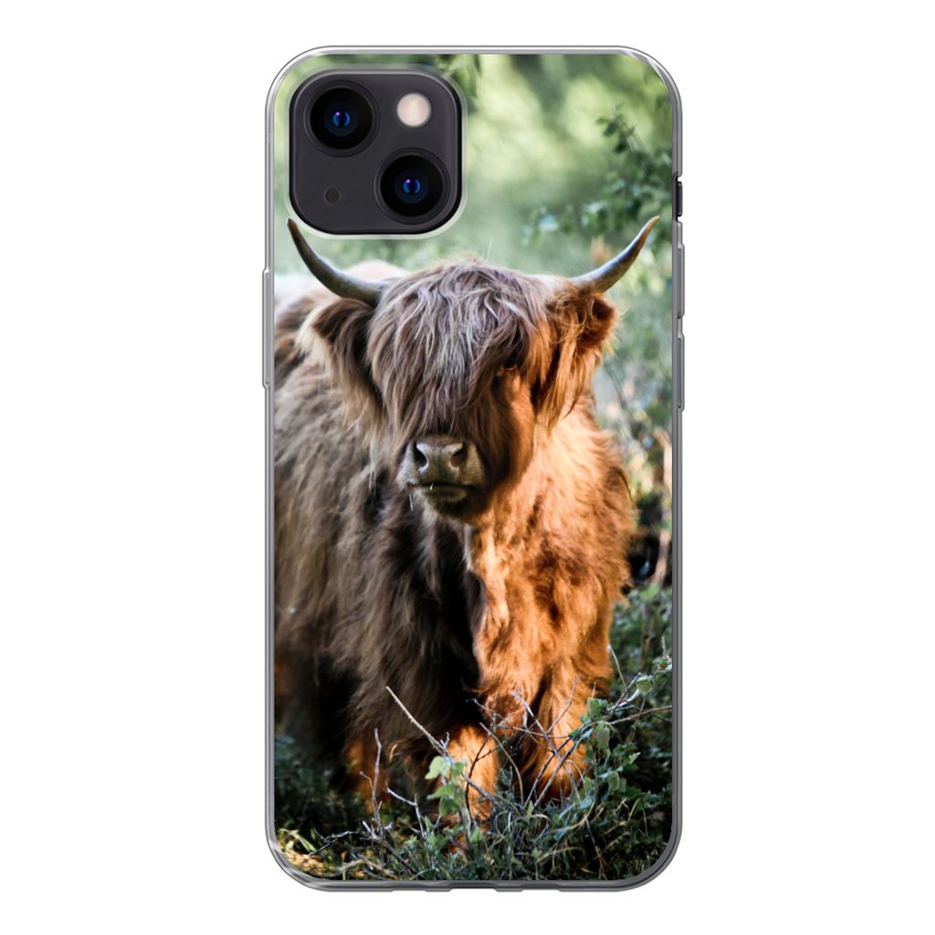 MuchoWow Handyhülle Schutzhülle Hülle für iPhone 13 mini Schottische Highlander - Wald - Tiere Silikon Softcase Handy Hülle - Softcase