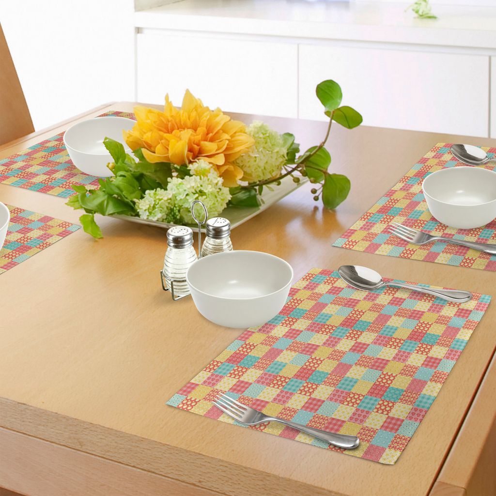 ABAKUHAUS Abstrakt Platzmatten, Patchwork-Art-dekorative Herz-Blumen-Punkt-Streifen-Küchen-Design, Tiscjdeco aus Farbfesten Stoff für das Esszimm...