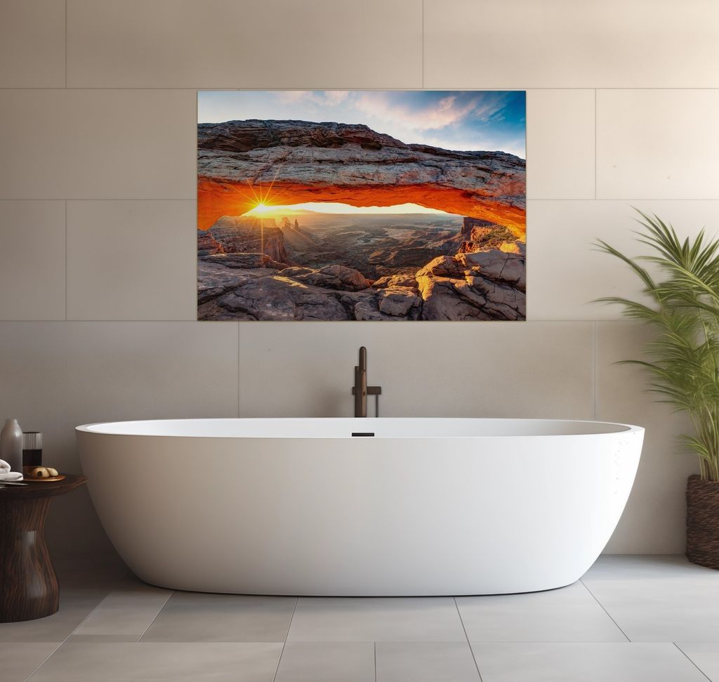 Wallario wasserfestes Poster selbstklebend 70 x 100 cm, Sonnenstrahl am Horizont Leuchtende Felsspalte, Badezimmerposter Spritzschutz mit Hochglan...