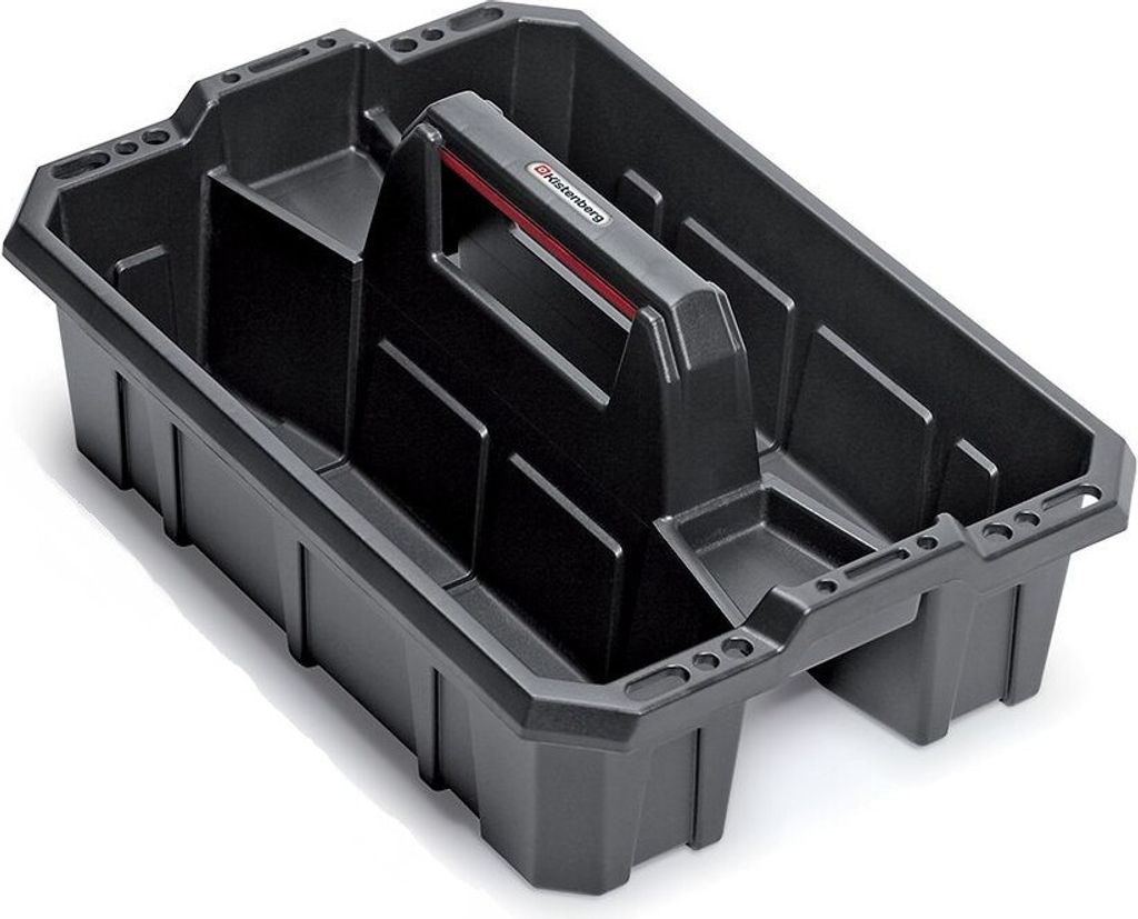 A black plastic toolbox with a red and gray handle, shown from a slightly elevated angle against a white background.