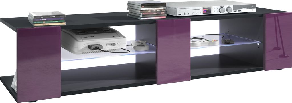 Vladon Lowboard Movie V2, TV-Kommode mit 6 offenen Fächern und Zierleisten, Schwarz matt/Brombeer Hochglanz, inkl. LED-Beleuchtung weiß (134 x 29...