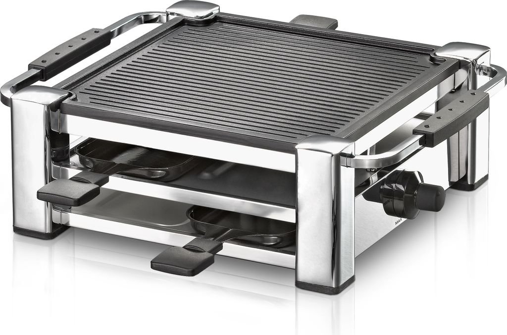 Raclette Grill RCC 1000 - 4 Pfännchen, Grillplatte, Antihaftbeschichtung, Parkdeck, verchromtes Gehäuse