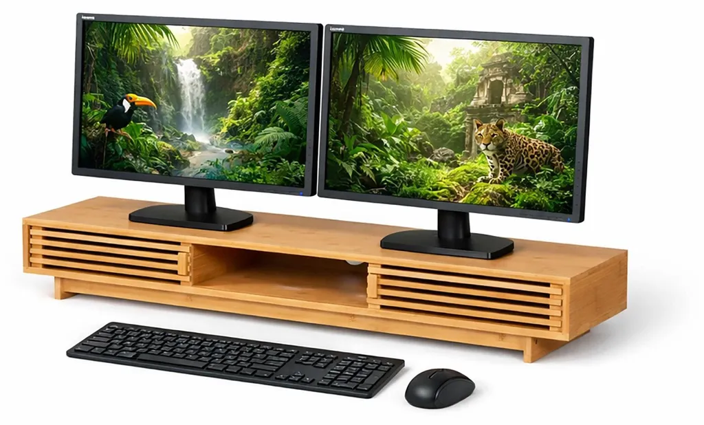 Support écran bambou contre mal de dos avec 3 casiers de rangement bureau