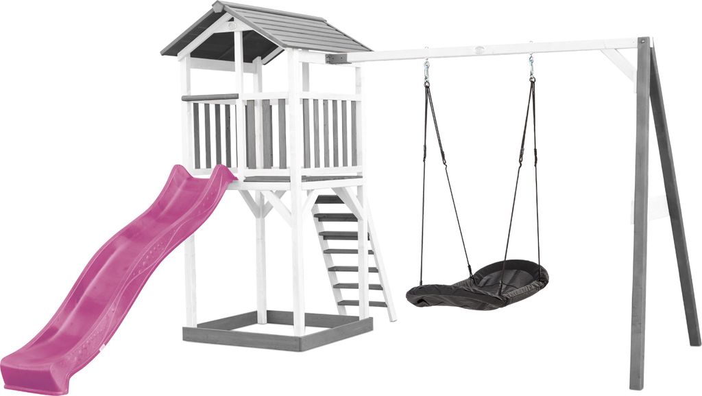 AXI Beach Tower Spielturm aus Holz in Weiß & Grau | Spielhaus für Kinder mit lila Rutsche, Nestschaukel und Sandkasten | Stelzenhaus für den Garten