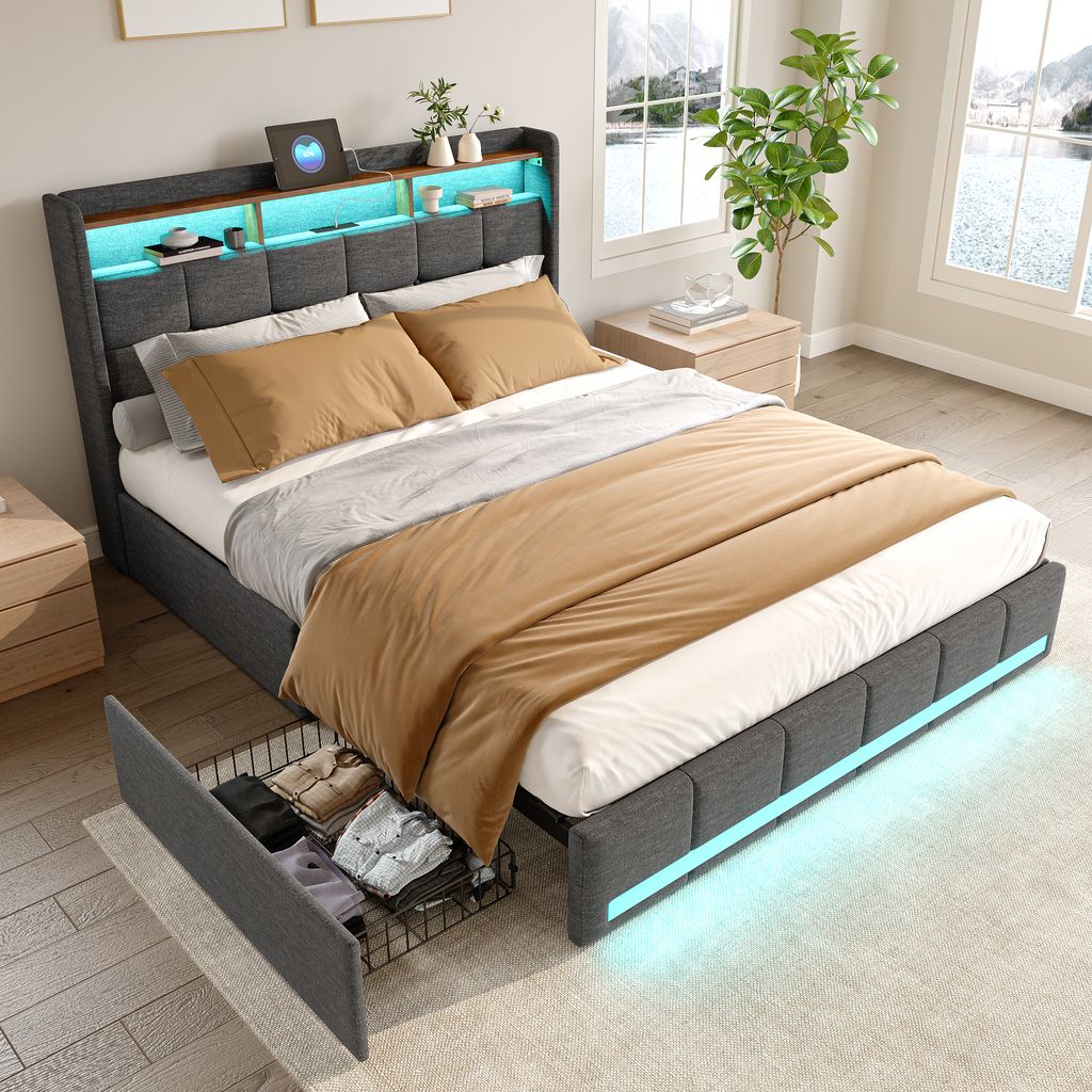 Doppelbett (140 x 200 cm) aus grauem Leinen mit LED-Beleuchtung, 4 Metallschubladen, Stauraum im Kopfteil und USB-/Typ-C-Anschlüssen, modernes und...