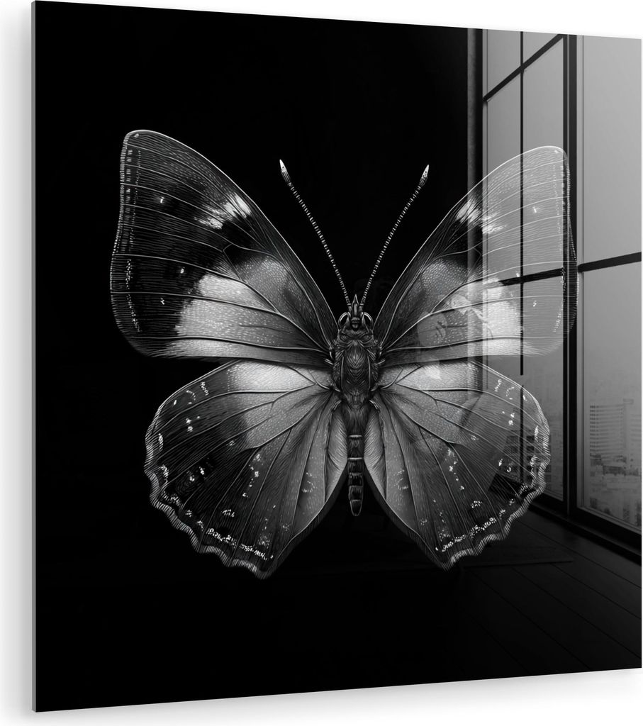 MuchoWow Glasbilder - Bilder auf Wandbild - Foto auf Glas Schmetterling - Grau - Geheimnisvoll 50x50 cm Wanddekoration aus Glas - Acrylglasbild - A...