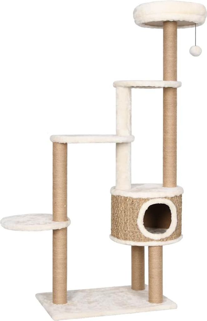 A multi-level cat tree with scratching posts, platforms, and a hideaway.