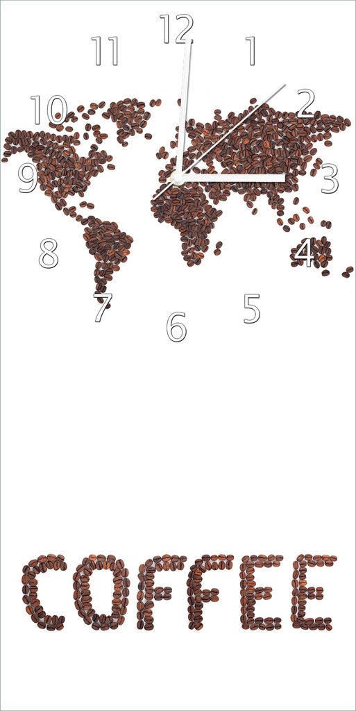 Wallario Design Wanduhr Weltkarte mit Schriftzug aus Kaffeebohnen aus Echtglas, Größe 30 x 60 cm