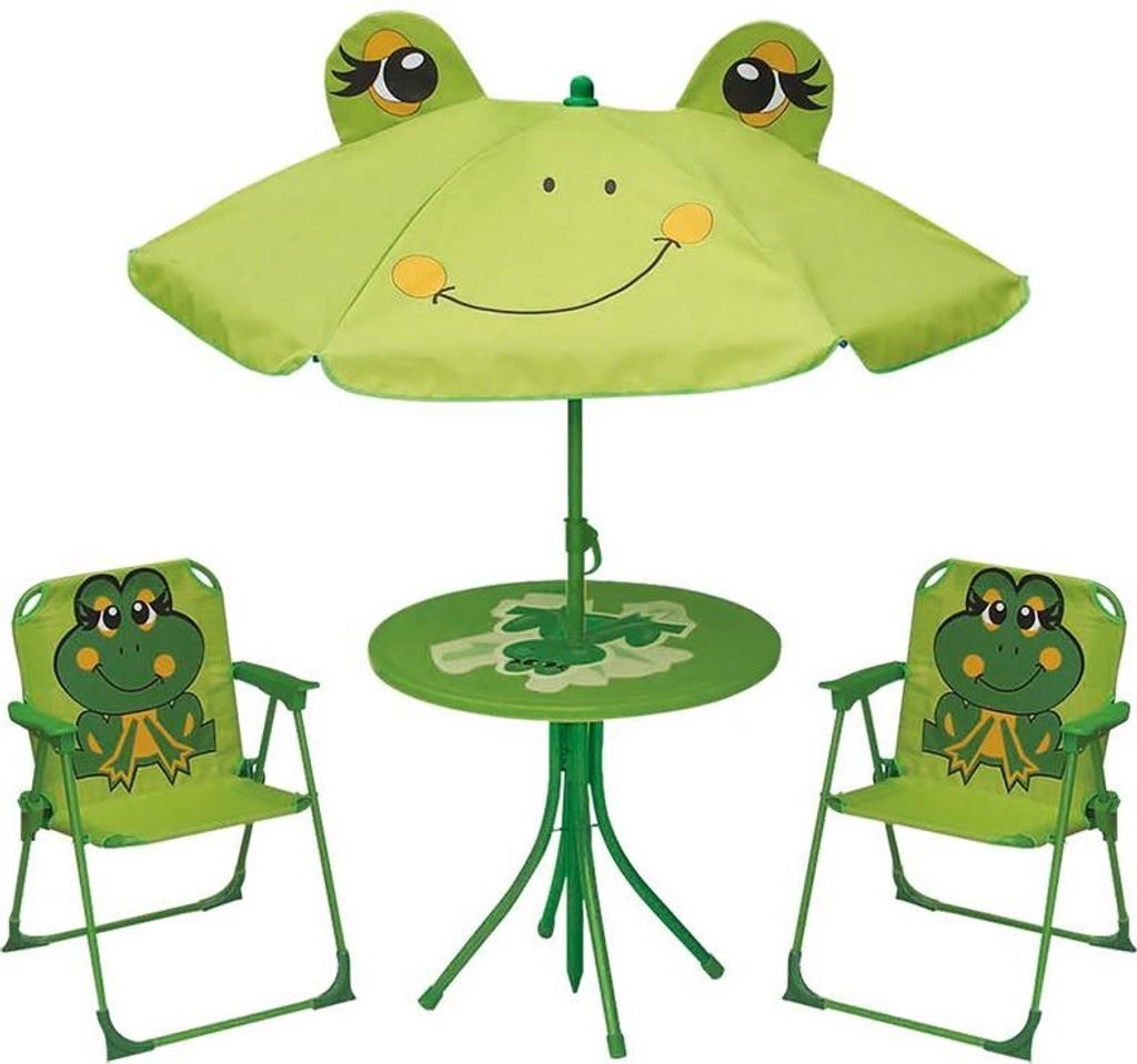 A frog-themed children's outdoor furniture set including a table and two chairs with a matching umbrella.
