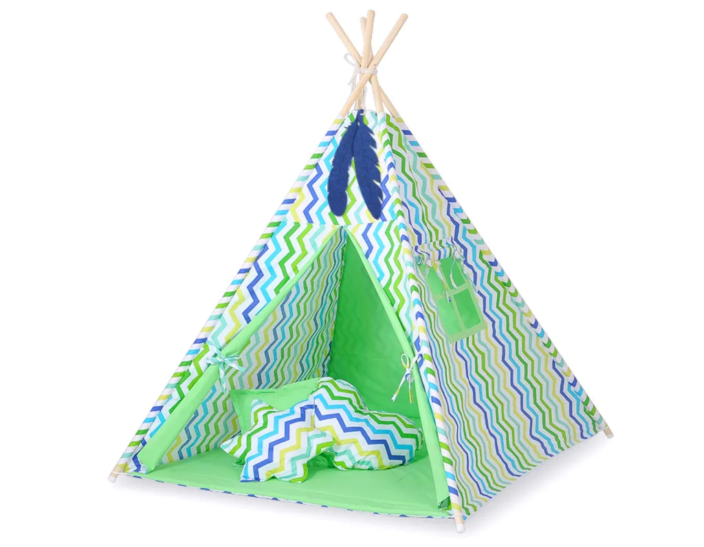 Tipi enfant vert-bleu en coton avec plumes déco et tapis de sol épais