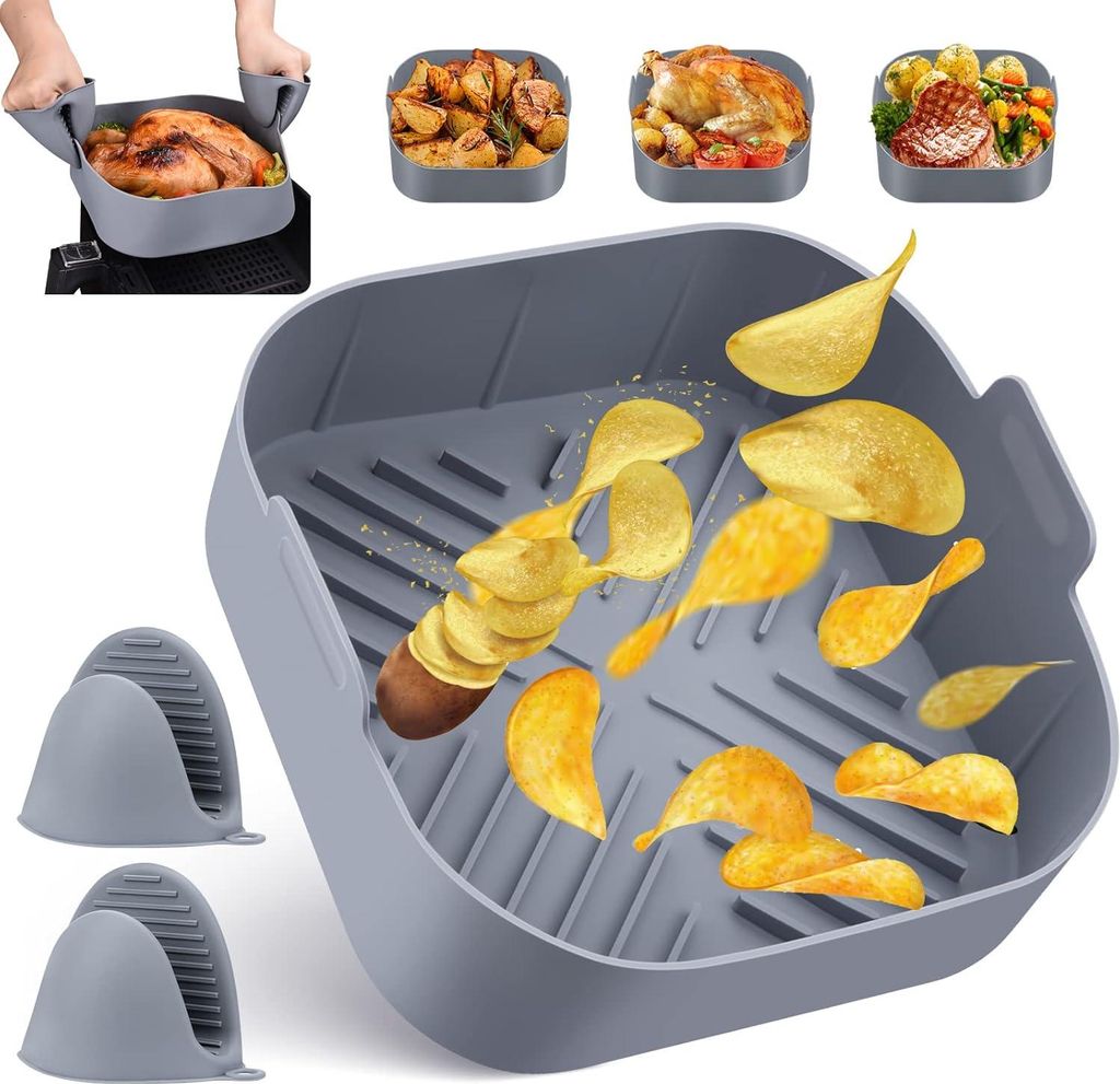 Silikonform Für Heißluftfritteuse, 20cm Air Fryer Silicone Pot Wiederverwendbar Luftfritteuse Silikontopf mit zwei Ofenhandschuhen, Hitzebeständ...