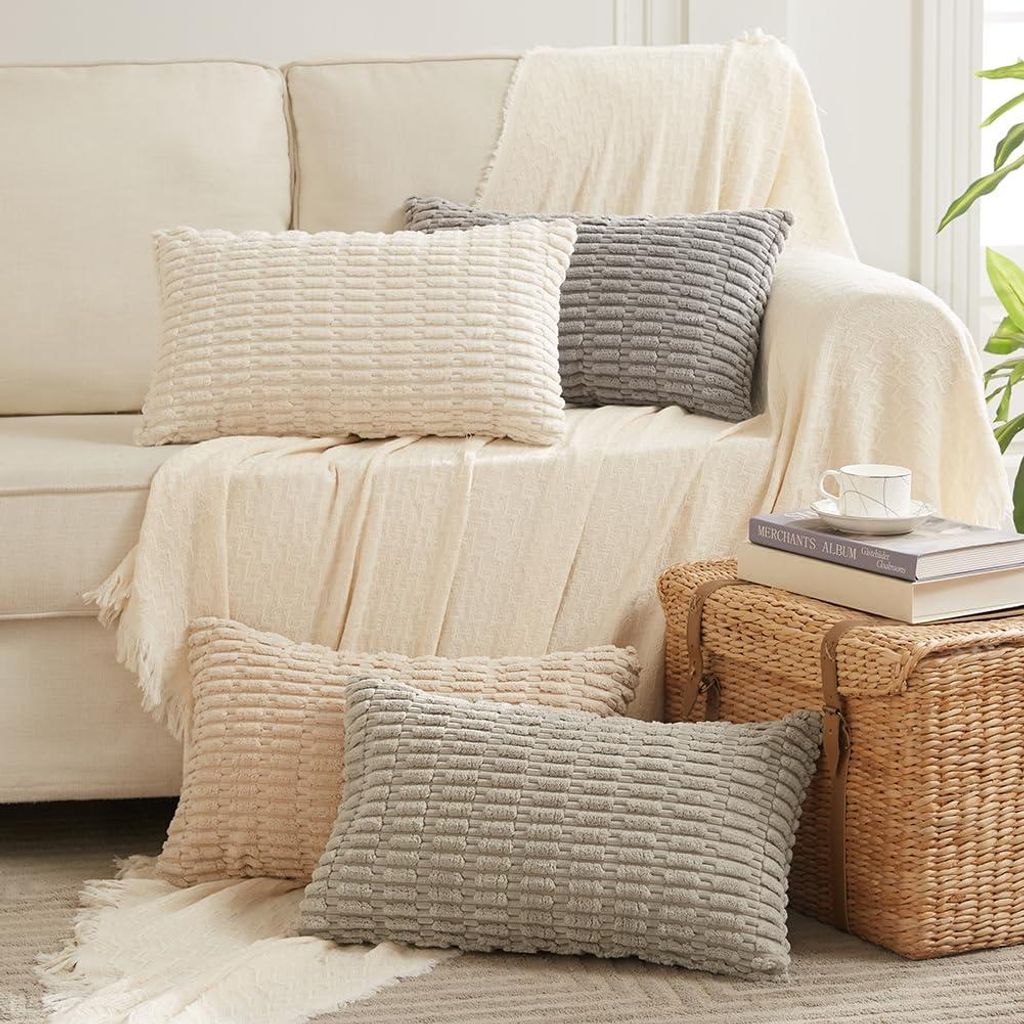 4er-Set Kissenbezüge 40 x 80 cm, neutral, flauschiger Cord, dekorative Kissenbezüge, Sofakissen, Grau-, Taupe- und Beige-Farbverlauf