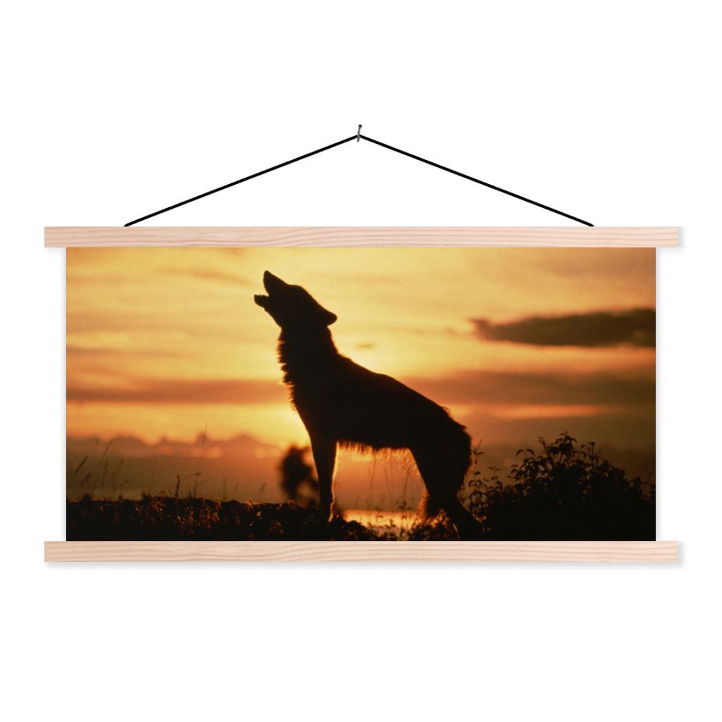 MuchoWow Textilposter Wolf - Sonne - Scherenschnitt 60x30 cm mit holzfarbenen Rahmen - Dekoration