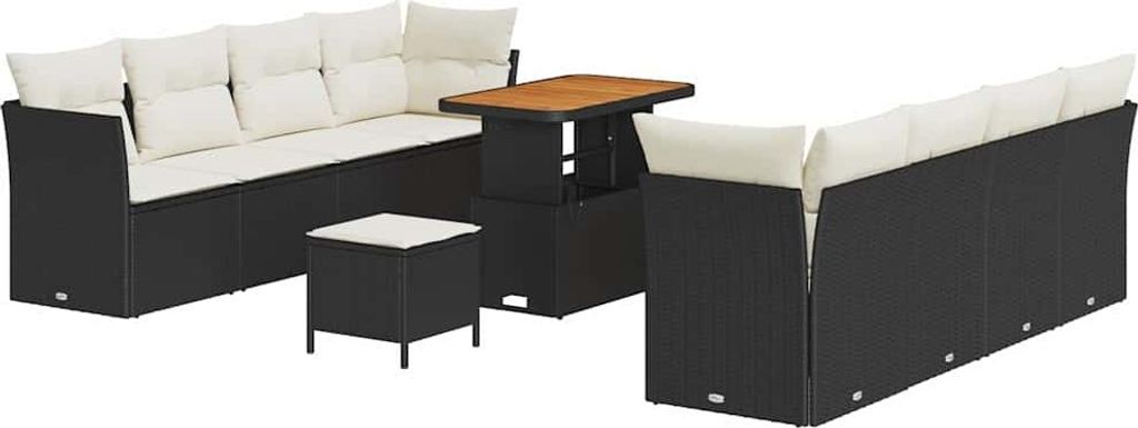 SYFAX Gartensofa-set mit Kissen 11 pcs Schwarz und Creme Poly-Rattan
