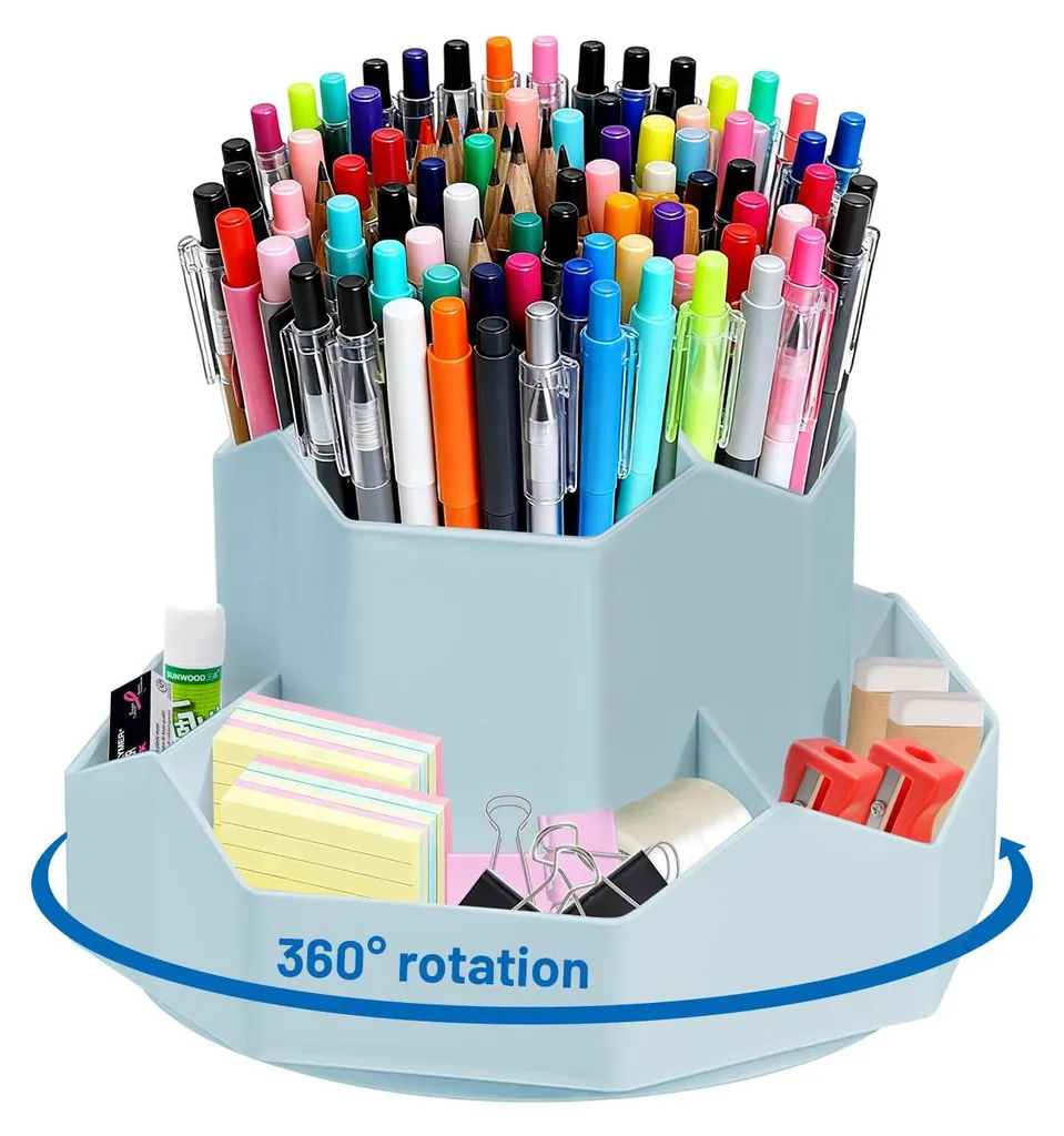 Rangement de bureau rotatif bleu pour crayons de couleur et papeterie