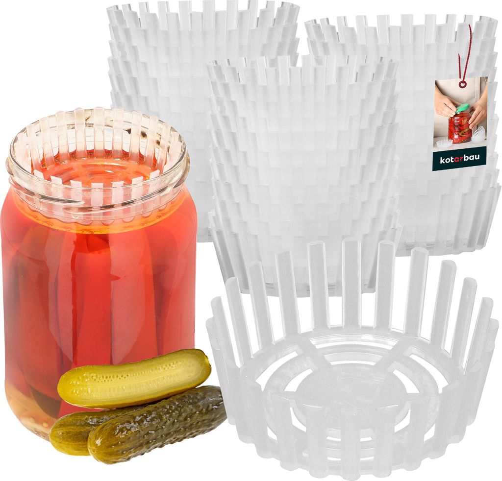 A jar of pickled peppers with pickles in front, surrounded by stacks of white plastic fermentation weights and a single fermentation weight in the foreground.