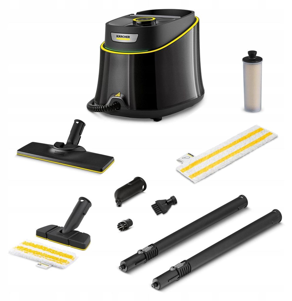 A collection of Karcher steam cleaner accessories and the main unit are displayed against a white background.
