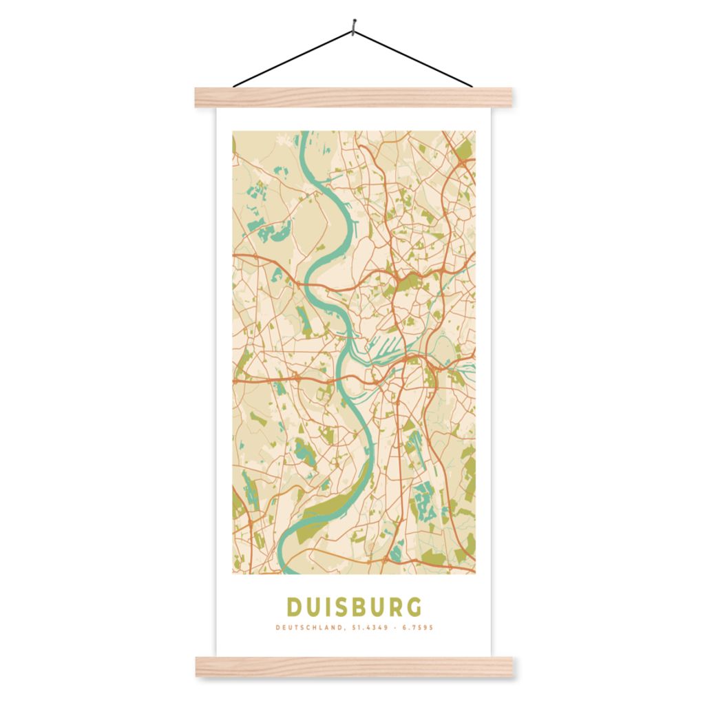 MuchoWow Textilposter Jahrgang - Karte - Duisburg - Stadtplan 40x80 cm mit holzfarbenen Rahmen - Wohnzimmer