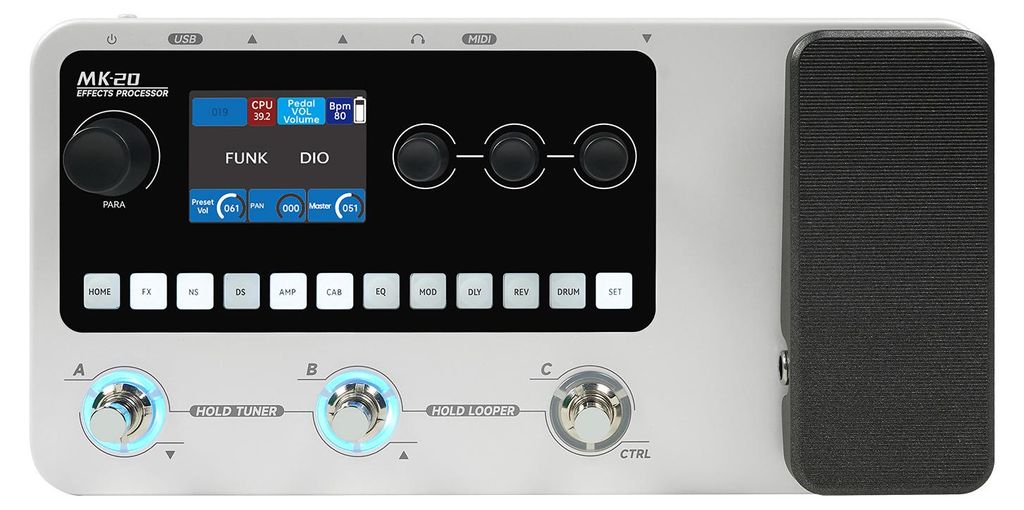 Gitarren-Multieffektpedal mit 120 AMP-Sounds, 320 Effekten, 2,4-Zoll-Display, anpassbaren Einstellungen, 3 Fußschaltern, Looper und Drum-Machine f...