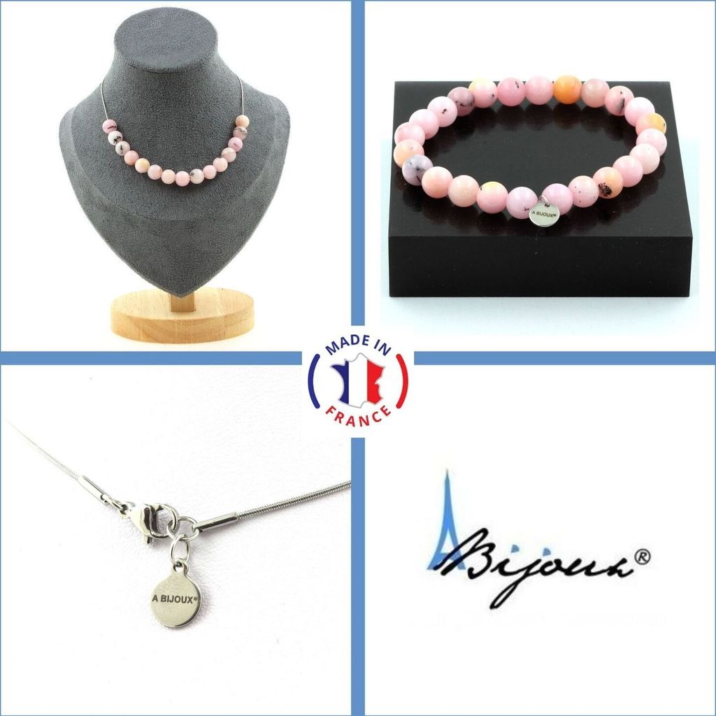 Schmuckset Armband Halskette 15 rosa Opalperlen 8 mm Edelstahlkette