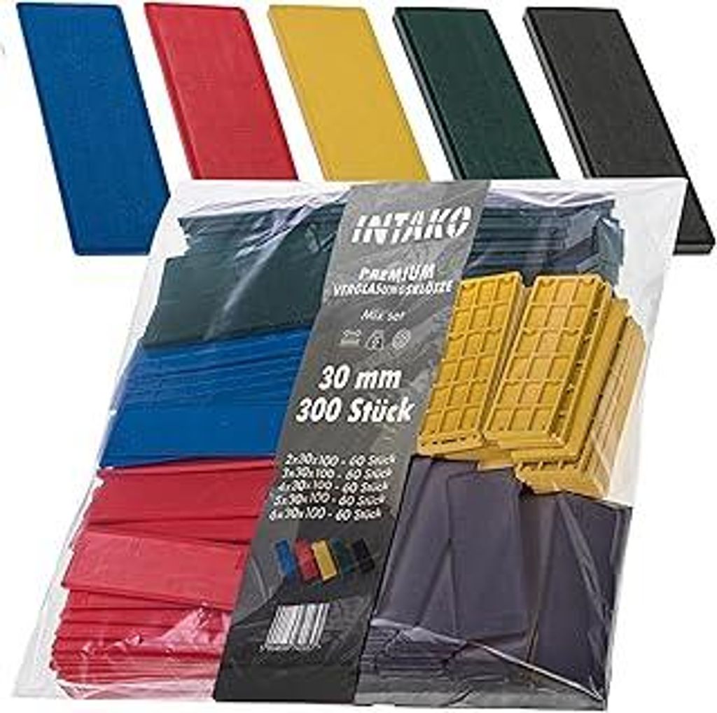 INTAKO Verglasungsklötze Kunststoff - 30 x 100 mm - Sechs Höhen von 2 bis 6 mm - Abstandhalter - Distanzklötze - Unterlegplatten - Fensterklötz...