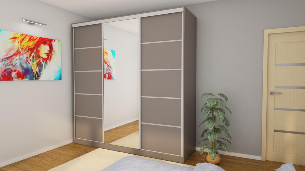 Schiebetürschrank 3D/240 Sepia mit Spiegel, einstellbare Füße – 240x240x70 cm