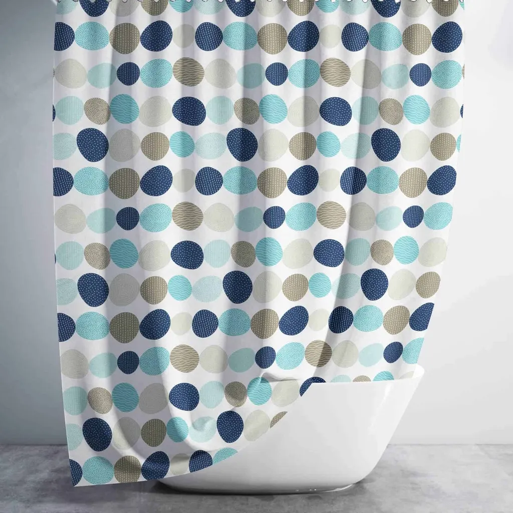 Tenda Doccia 150x200 cm Pois Blu Beige - Tessuto Lavabile con Pesi