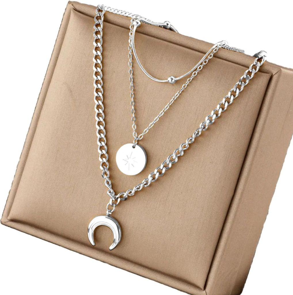 Silberne Mond-Halskette aus Chirurgenstahl mit dreifacher Kette