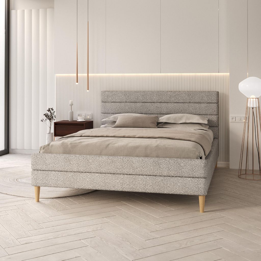 FDM Bett VERMONT 140x200 cm Polsterbett mit Lattenrost aus Holz Samt Boucle grau