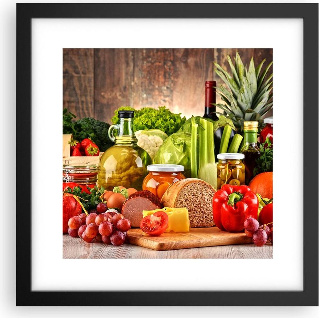Gerahmtes Poster - Schwarzer Rahmen - Lebensmittel Gemüse Brokkoli Fleisch - 30x30 cm - Wand Bild - Wanddeko - Wandbilder - Wandposter - Bilderrah...