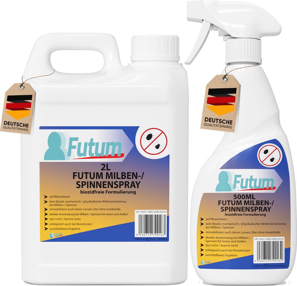 FUTUM 2,5 Liter Milbenspray / Spinnenspray | biozidfrei gegen Milben & Spinnen | Wasserbasis | schnell & Direktwirkung | fleckenfrei Milben Allergiker
