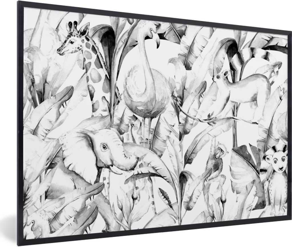 MuchoWow Gerahmtes Poster Aquarelle - Tiere - Pflanzen - Jungen - Mädchen - Kinder 30x20 cm - Poster mit Schwarzem Bilderrahmen Wandposter Rahme...