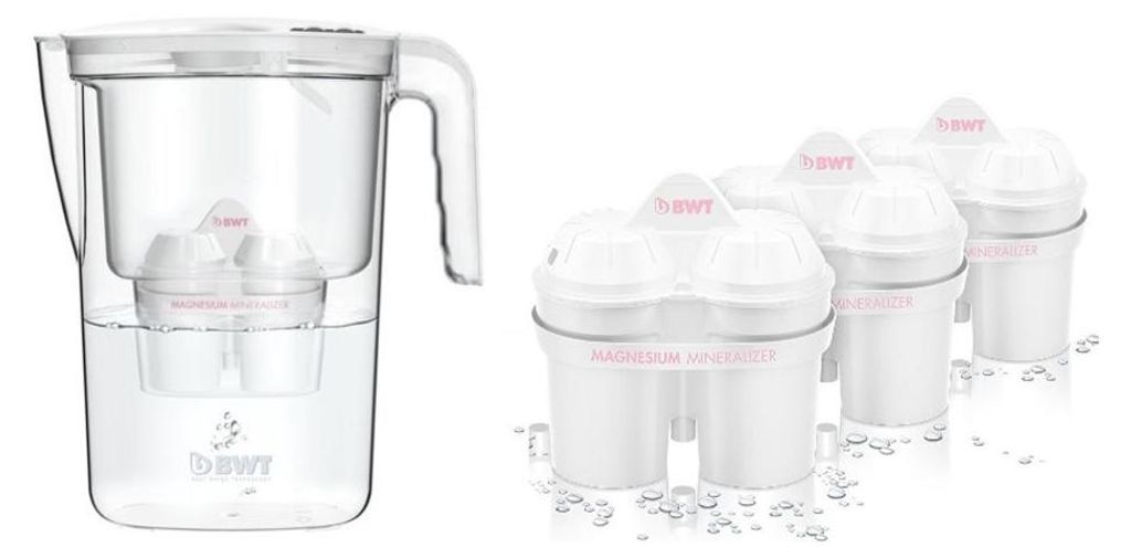 A water filter pitcher and replacement filters are shown.