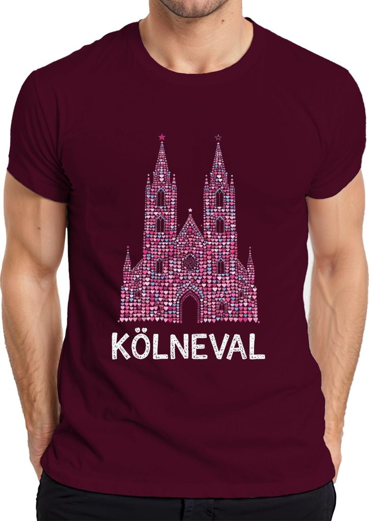 KÖLNEVAL Kölner Dom Herzen Karneval Köln jeck rosa Geschenk Herren T-Shirt, Burgundy, XL