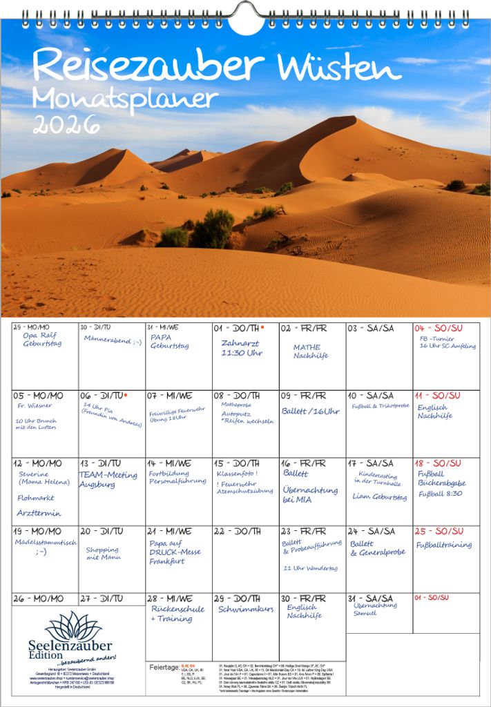 Reisezauber Wüsten Planer DIN A3 Kalender für 2026 Urlaub Wüsten - Seelenzauber