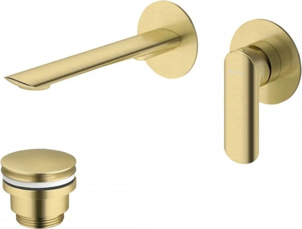 Wand - Waschtischarmatur mit Ablaufgarnitur (Stöpsel) Gold gebürstet