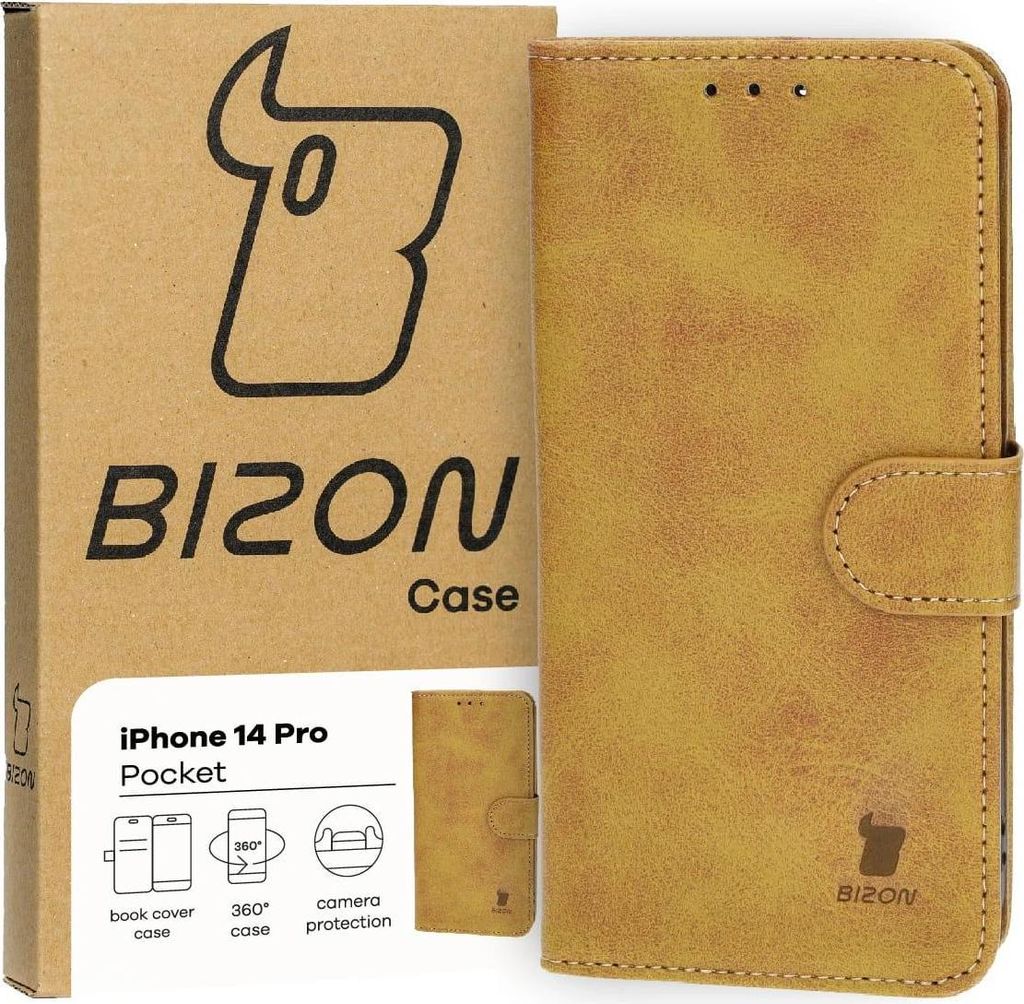 Bizon Case Pocket Flip Case für iPhone 14 Pro, Braun