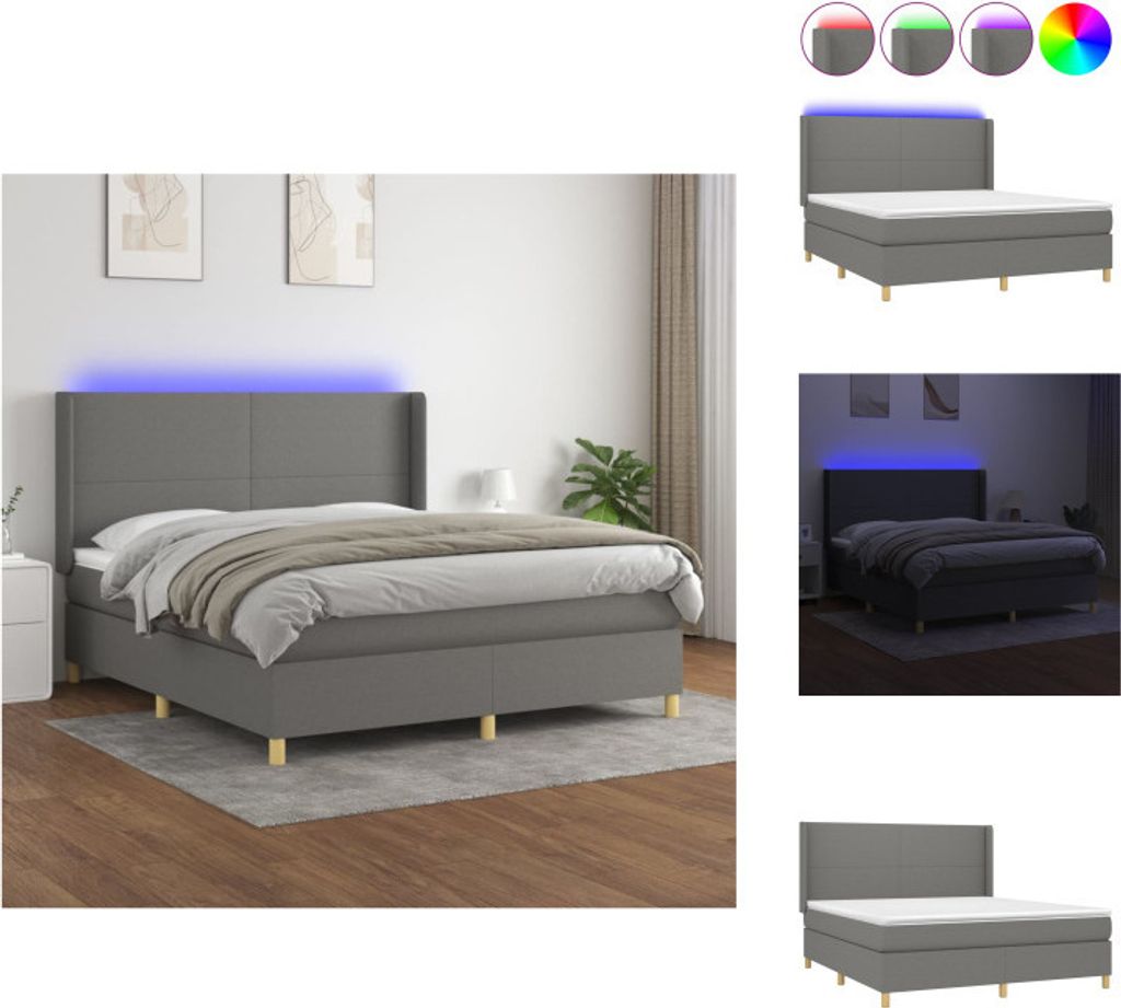 vidaXL Boxspringbett mit Matratze & LED Dunkelgrau 160x200 cm Stoff - Betten & Bettgestelle