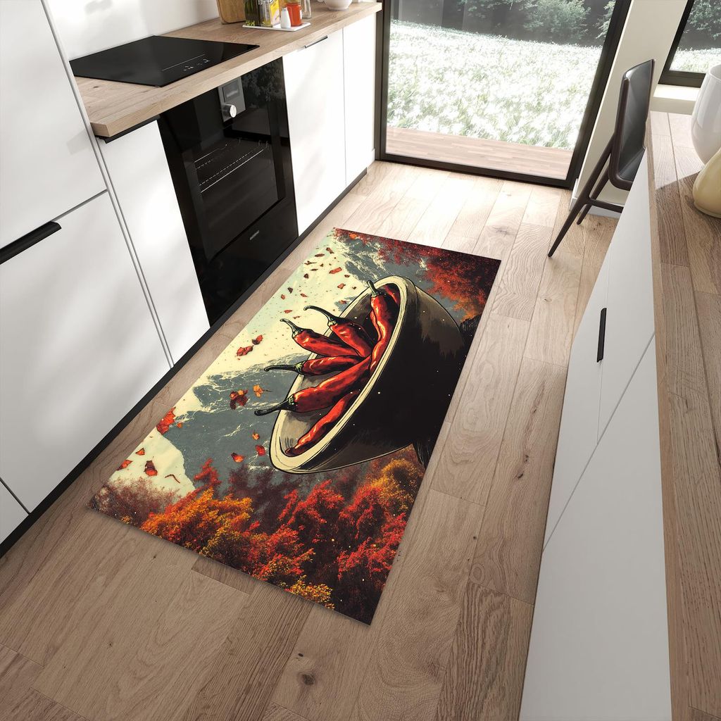 Küchenteppich 90x180cm rutschfest & abwischbar PVC Läufer - Frische Chilischoten