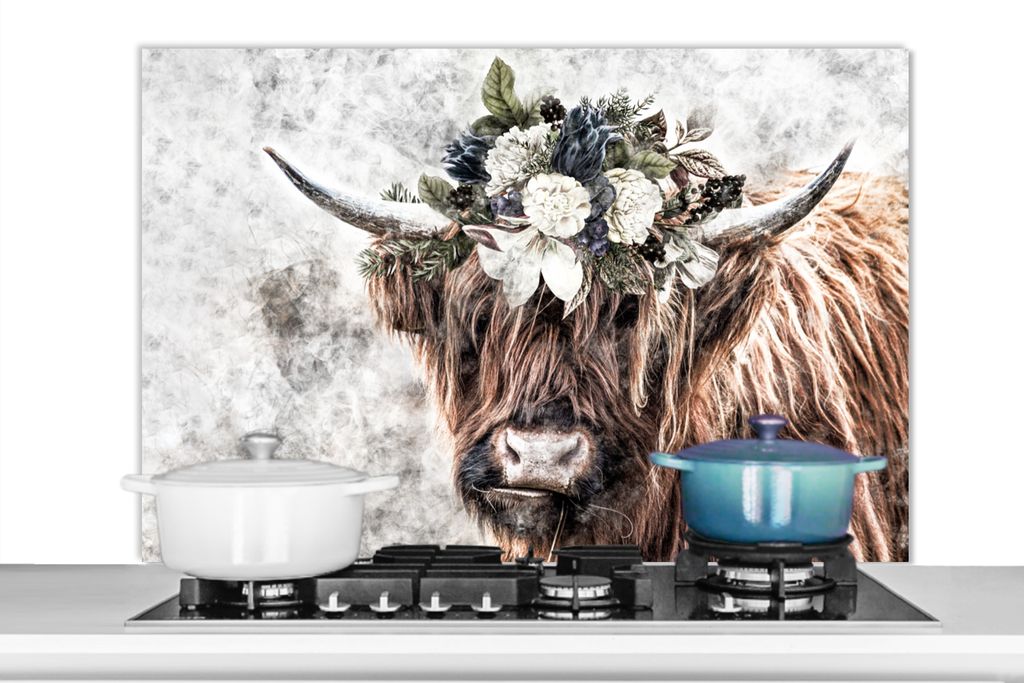 KitchenYeah Spritzschutz Küche - Küchenrückwand - Wandschutz für Herd und Spüle - Schottisches Hochlandrind - Rauch - Bouquet 100x65 - Alu-...