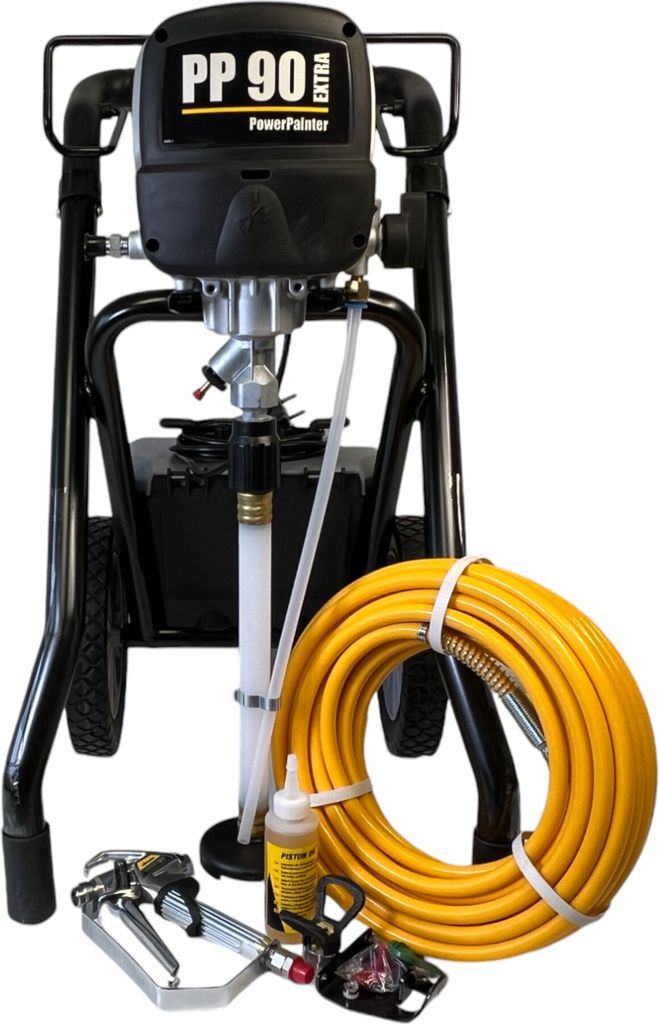 A paint spray system and its accessories are displayed against a white background.