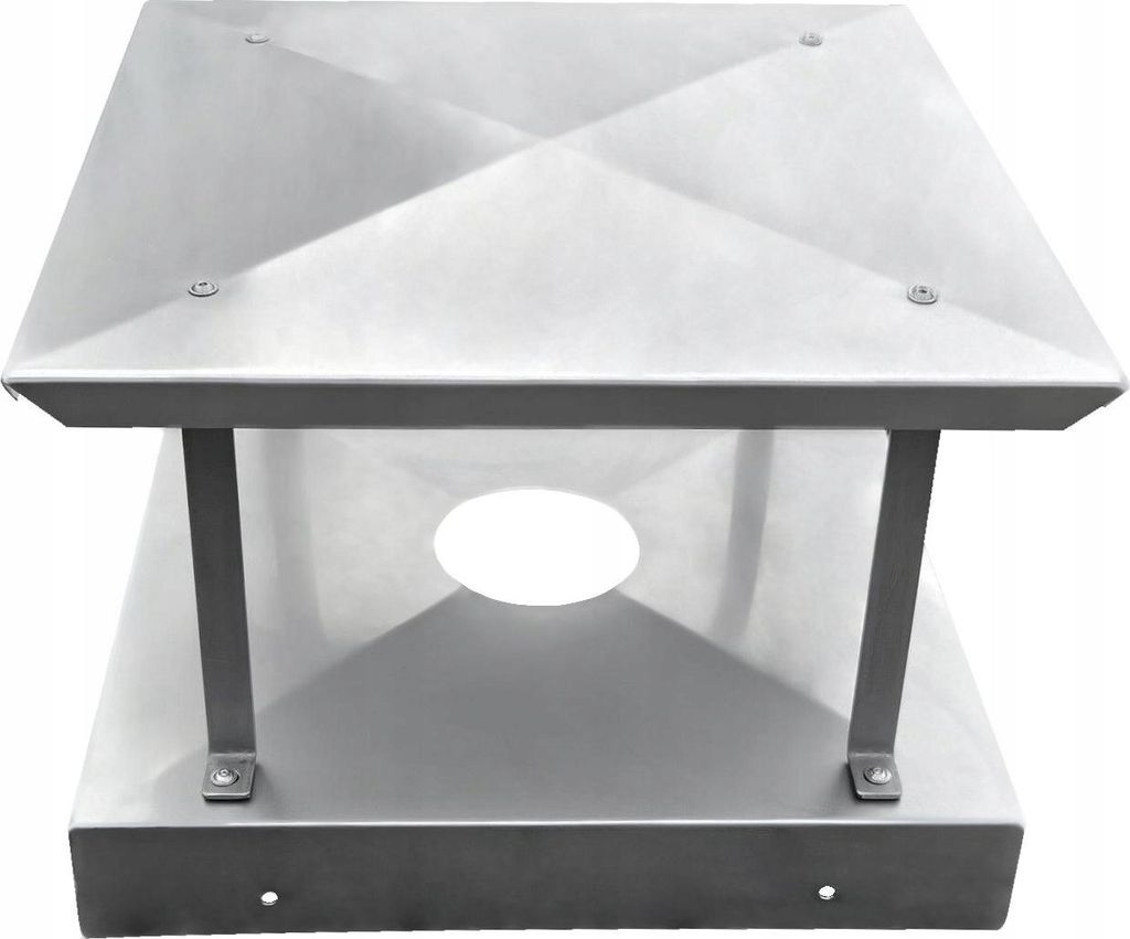 A stainless steel chimney cap with a square base and a pyramidal top, shown from a slightly elevated front angle on a white background.