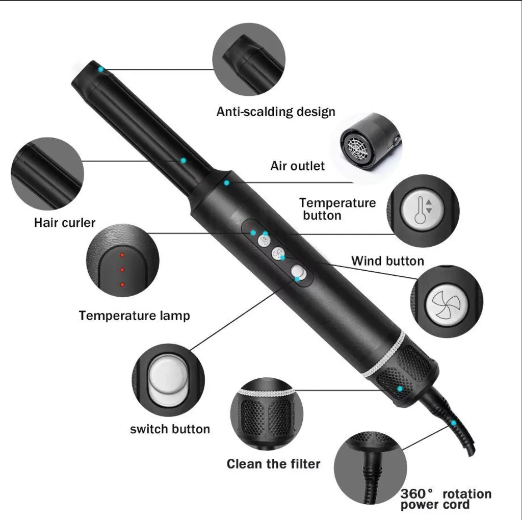 Brosse à air chaud multifonction avec diffuseur et 6 embouts de coiffage noirs - 12