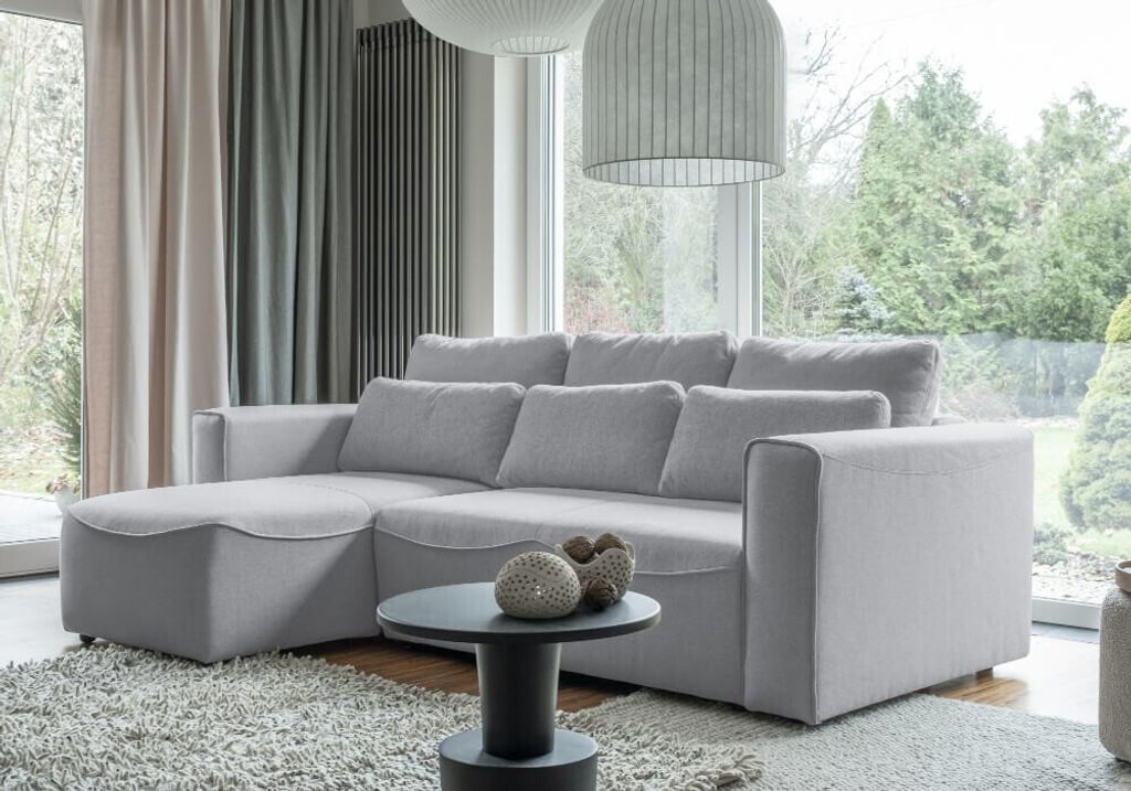 MIUFORM Homely Tommy - Ecksofa mit Bettfunktion und Bettkasten Sofa mit seitenverkehrt montierbarer Chaiselongue - 247x168cm - Hellgrau - Sofa Schl...