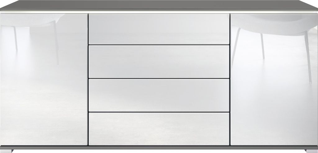 Vladon Sideboard Faro V2 - Kommode mit 2 Türen & 4 Schubladen, Schrank mit LED Lichtleiste, Anthrazit matt / Weiß Hochglanz (166,5 x 75,5 x 35)