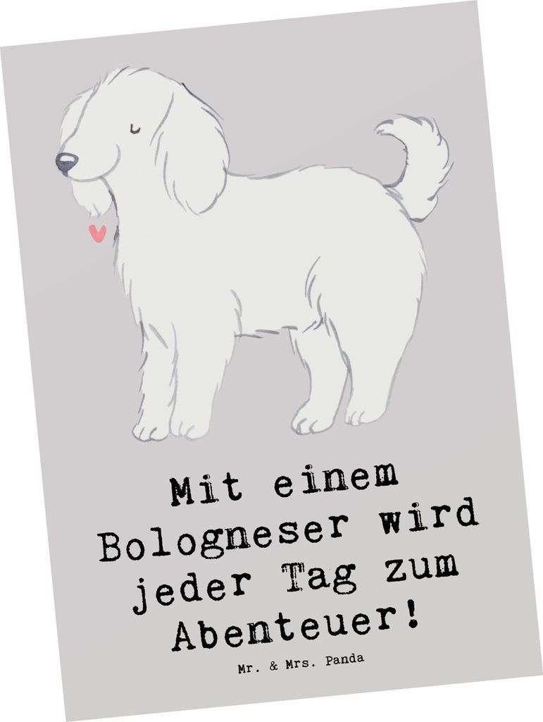 Mr. & Mrs. Panda Postkarte Bologneser Abenteuer - Grau Pastell - Geschenk, kleines Haustier, Grußkarte, Hundeliebhaber, kuschelige Hunde, verspiel...