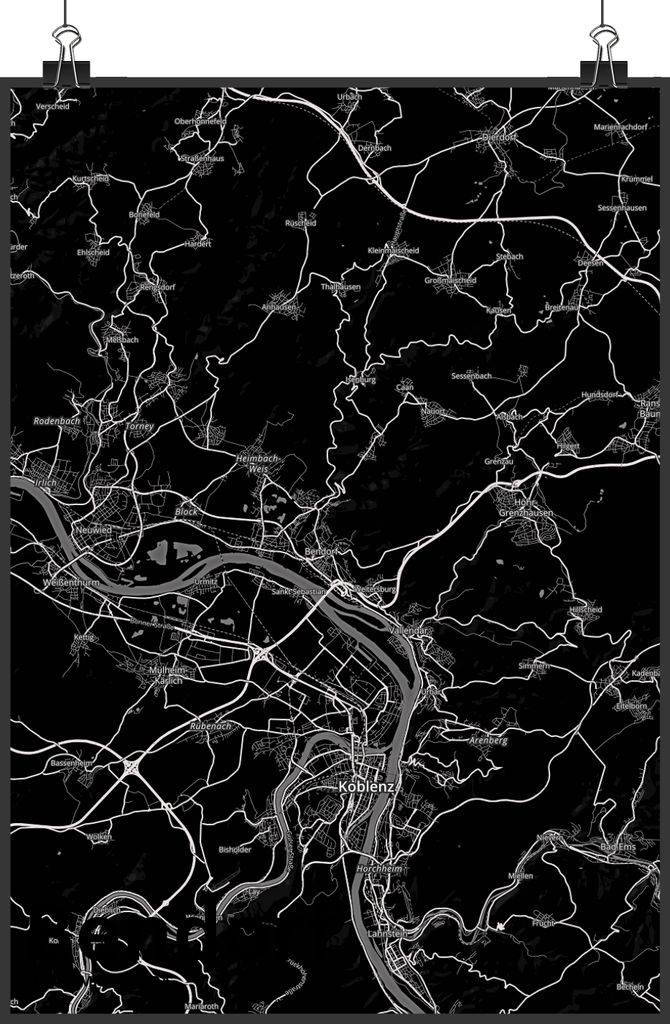 Mr. & Mrs. Panda Bild Bendorf DIN A3 - Geschenk, wanddeko, Plakat, Wandbild, Stadt, Dorf Karte Landkarte Map Stadtplan, Deko, drucke