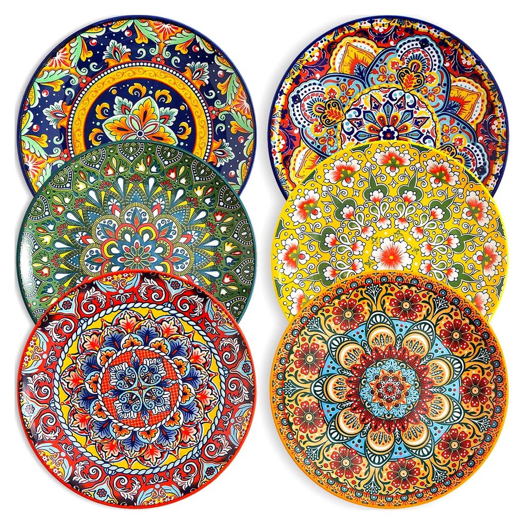 Teller-Set aus Porzellan - Buntes großes Teller-Set 20cm, flache Keramik/Six-Piece große runde Hauptspeisenteller mit Mustern und Farben